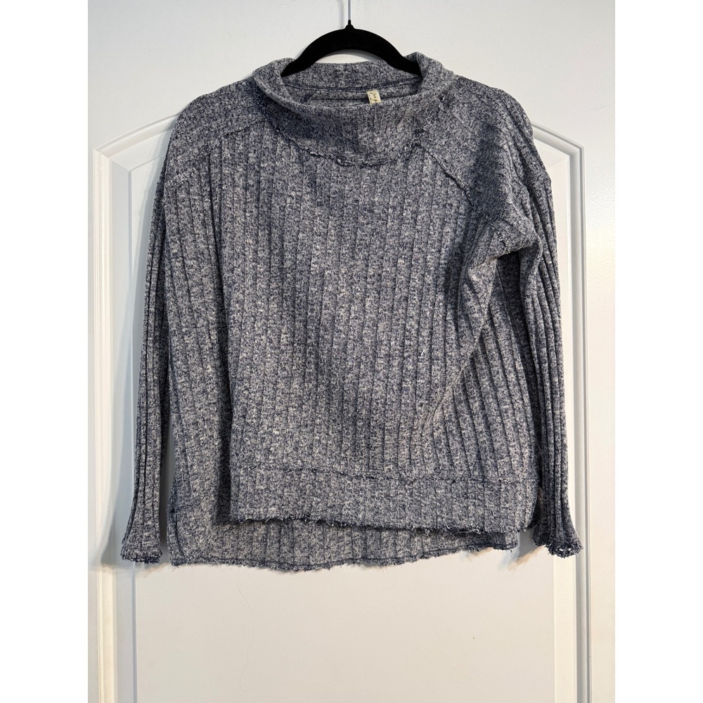 Free People Sweater XS Blue Marled Ribbed Mock Neck Beach Slouchy Oversized